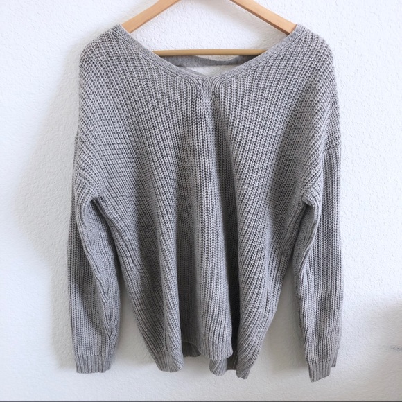 Super cute gray lace up back knit sweater - Picture 4 of 6